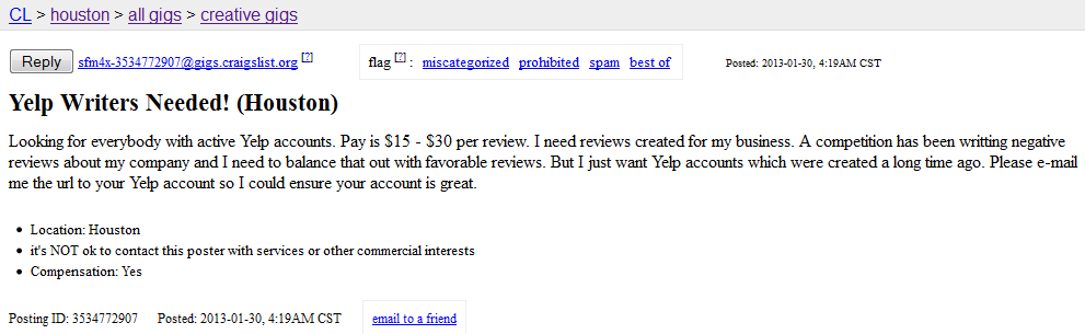 craigslist ad for paid yelp review